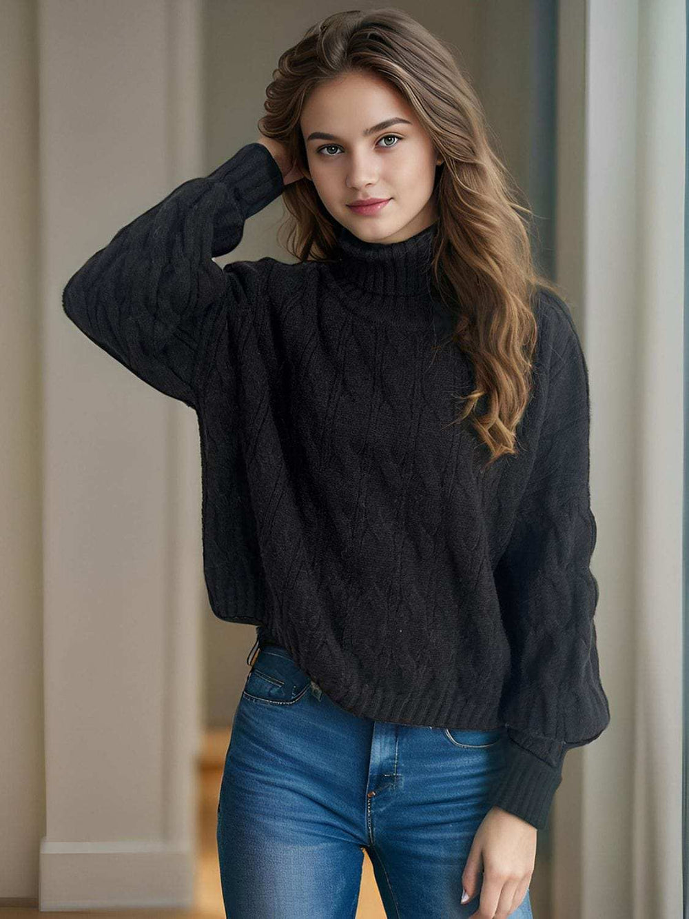 Cable-Knit Turtleneck Long Sleeve Sweater - Trendsi - Flyclothing LLC
