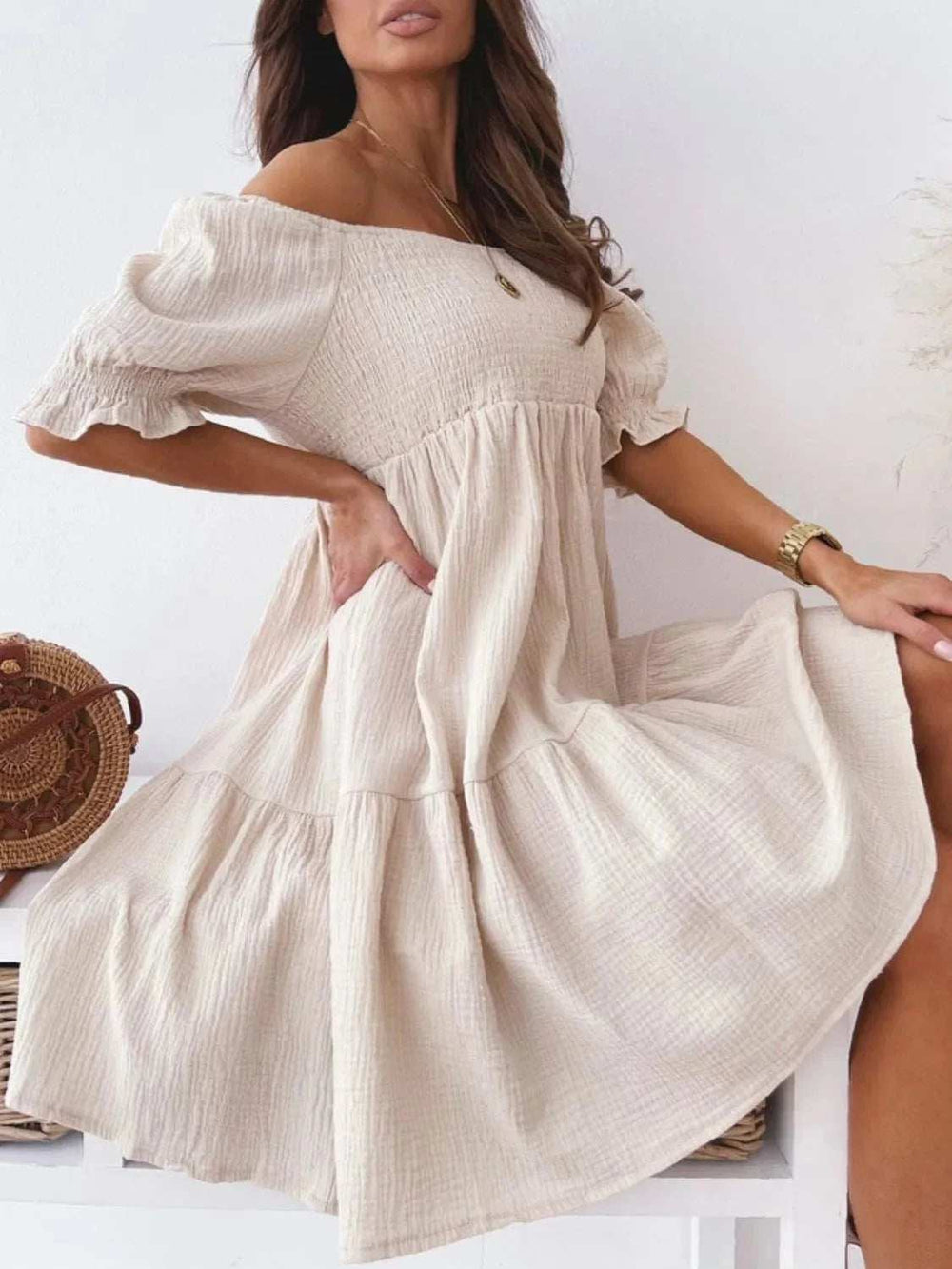 Smocked Off-Shoulder Mini Dress - Trendsi - Flyclothing LLC