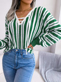 Striped Lace-Up Long Sleeve Sweater - Trendsi - Flyclothing LLC