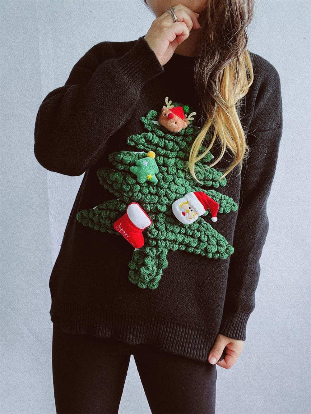 Christmas Tree Round Neck Long Sleeve Sweater - Trendsi - Flyclothing LLC