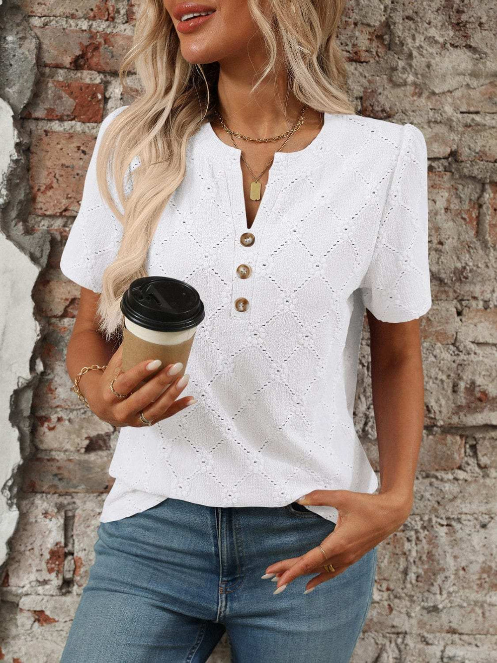 Eyelet Notched Short Sleeve Top - Trendsi - Flyclothing LLC