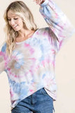 BiBi Tie Dye Print Terry Top With Puff Sleeves - Trendsi - Flyclothing LLC