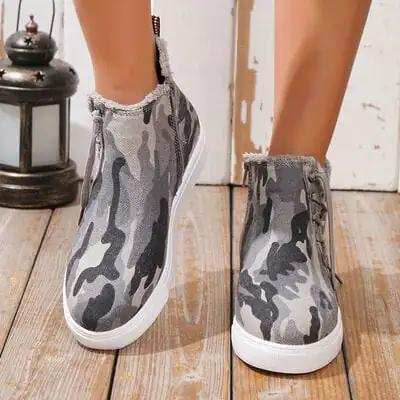 Lace-Up Round Toe Canvas Boots with Side Zip - Trendsi - Flyclothing LLC