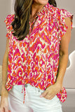 Ruffled Printed Tie Neck Cap Sleeve Blouse - Trendsi - Flyclothing LLC
