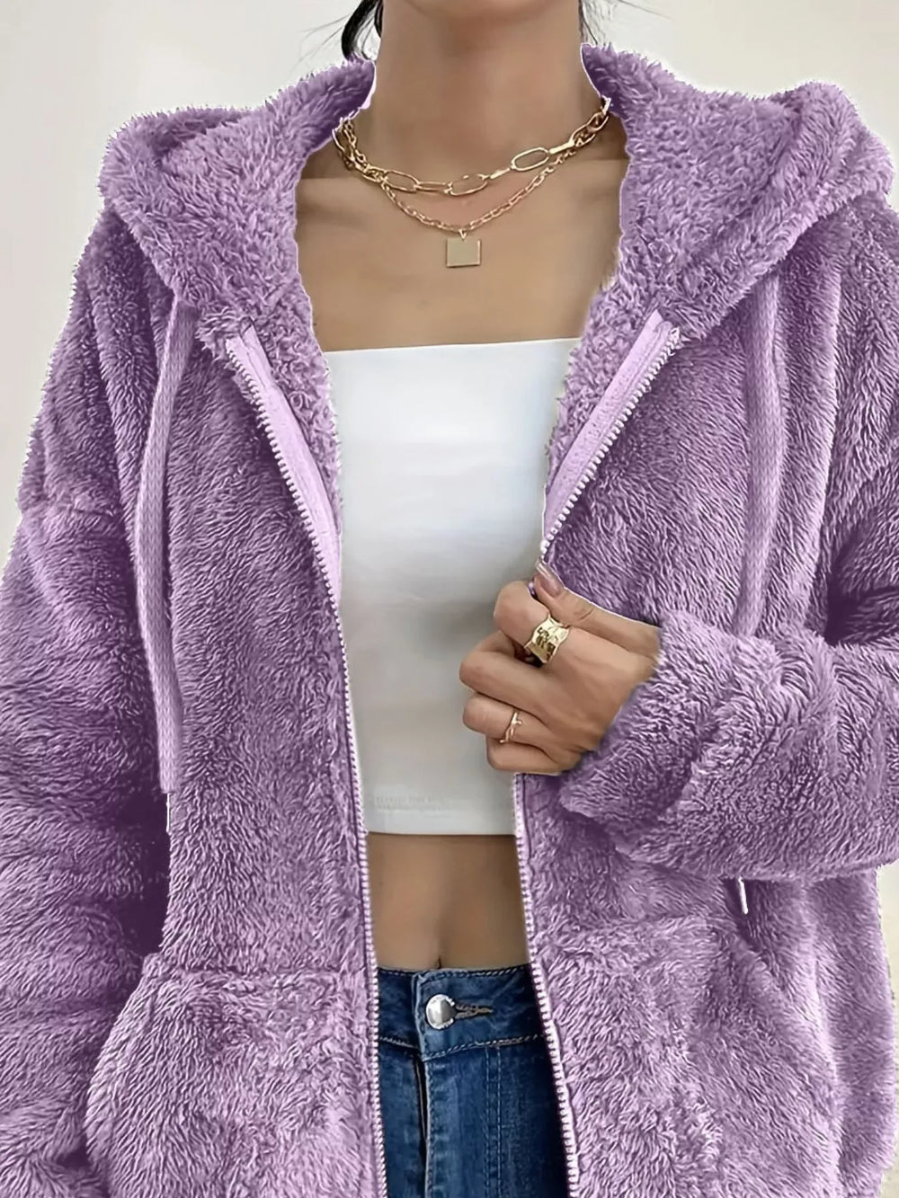 Drawstring Fleece Zip-Up Outerwear - Trendsi - Flyclothing LLC