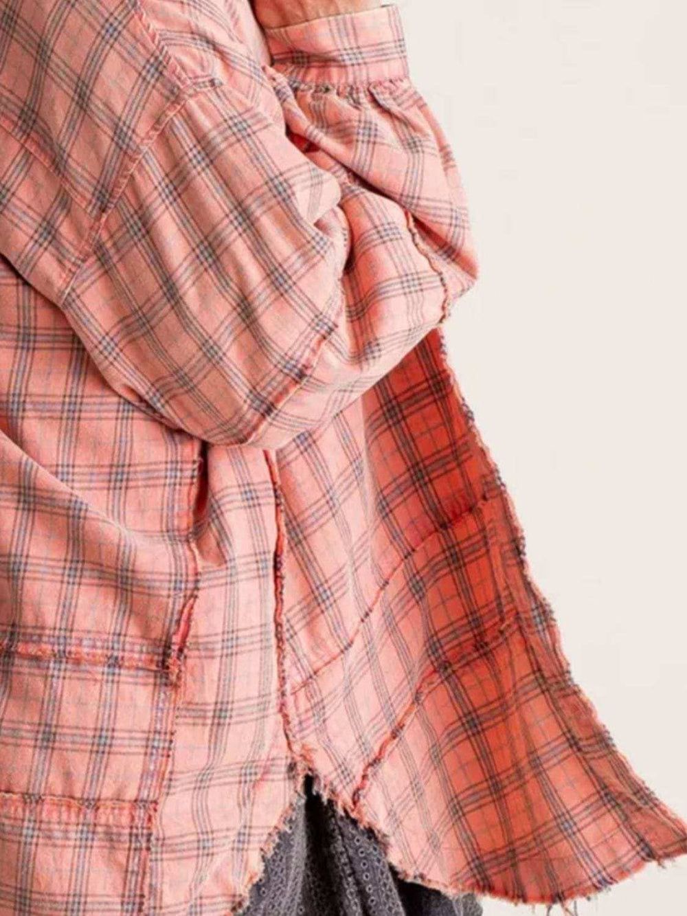 Exposed Seam Plaid Collared Neck Long Sleeve Shirt - Trendsi - Flyclothing LLC