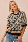 BiBi Textured Rose Knit Top Contrast Banded Puff Sleeve - Trendsi - Flyclothing LLC