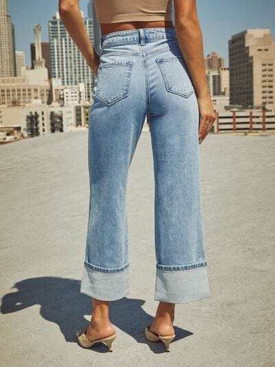 High Waisted Straight Leg Rolled Jeans - Trendsi - Flyclothing LLC