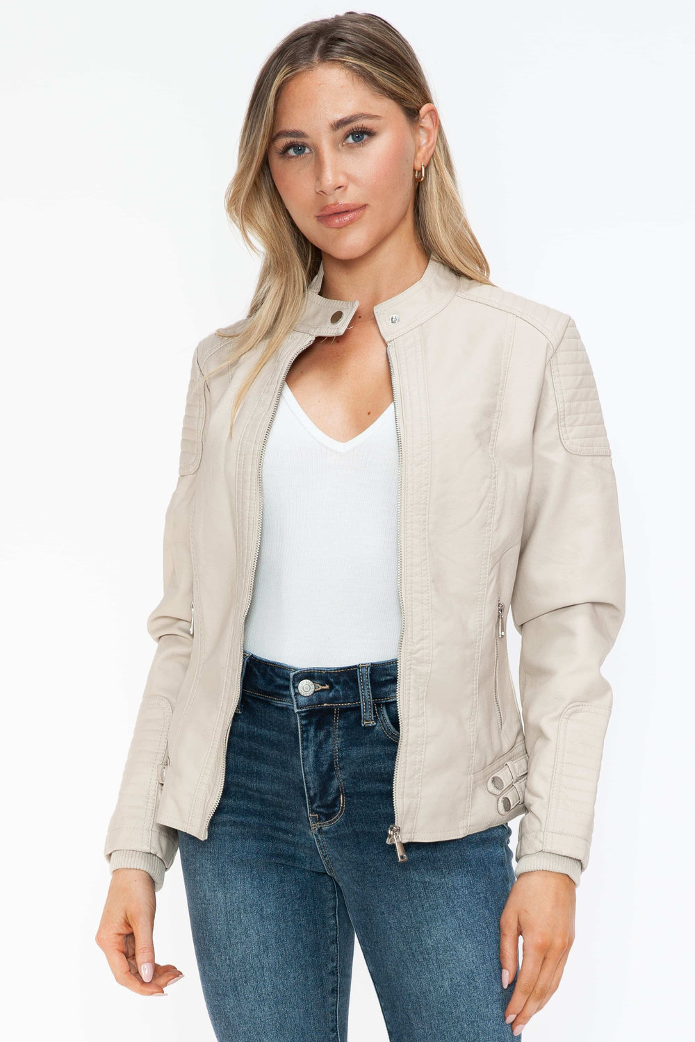 Snobbish Faux Leather Biker Jacket with Side Zip Pockets - Trendsi - Flyclothing LLC