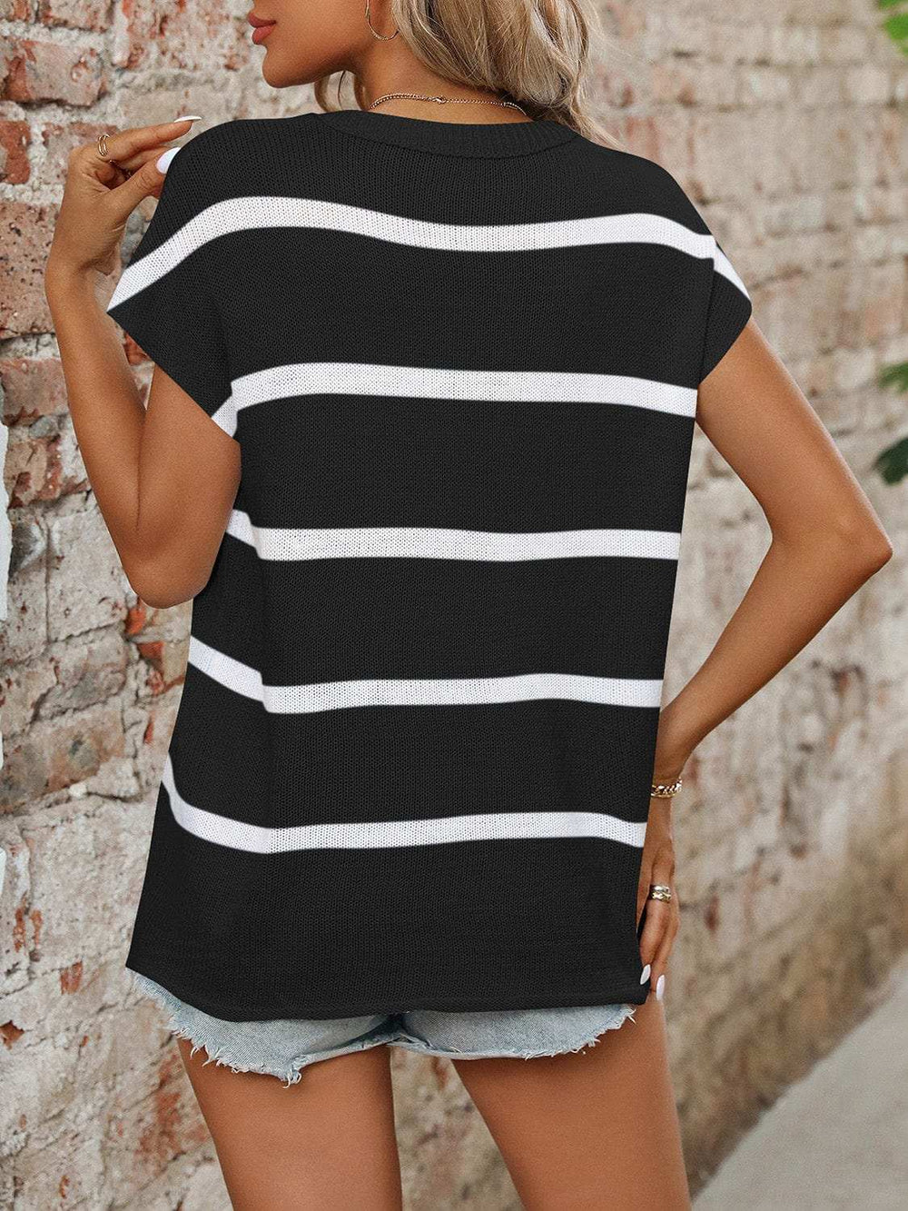 Striped Round Neck Short Sleeve Knit Top - Trendsi - Flyclothing LLC