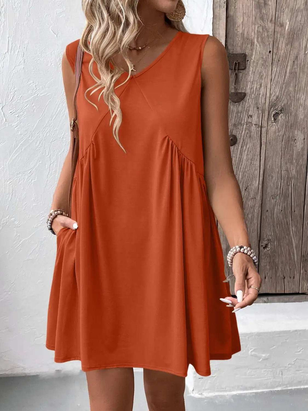 Ivy Lane Ruched V-Neck Sleeveless Mini Dress - Trendsi - Flyclothing LLC