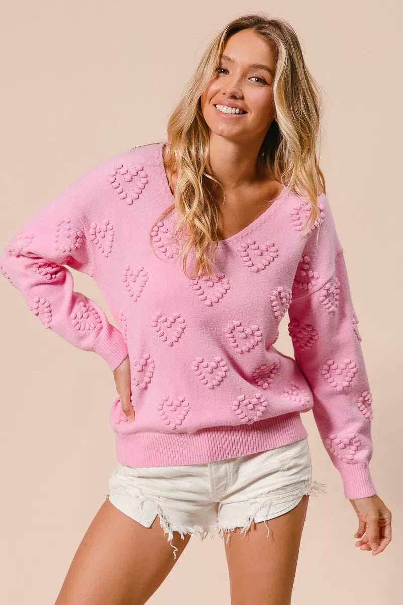 BiBi Valentines Heart Pompom V Neck Knit Top - Trendsi - Flyclothing LLC
