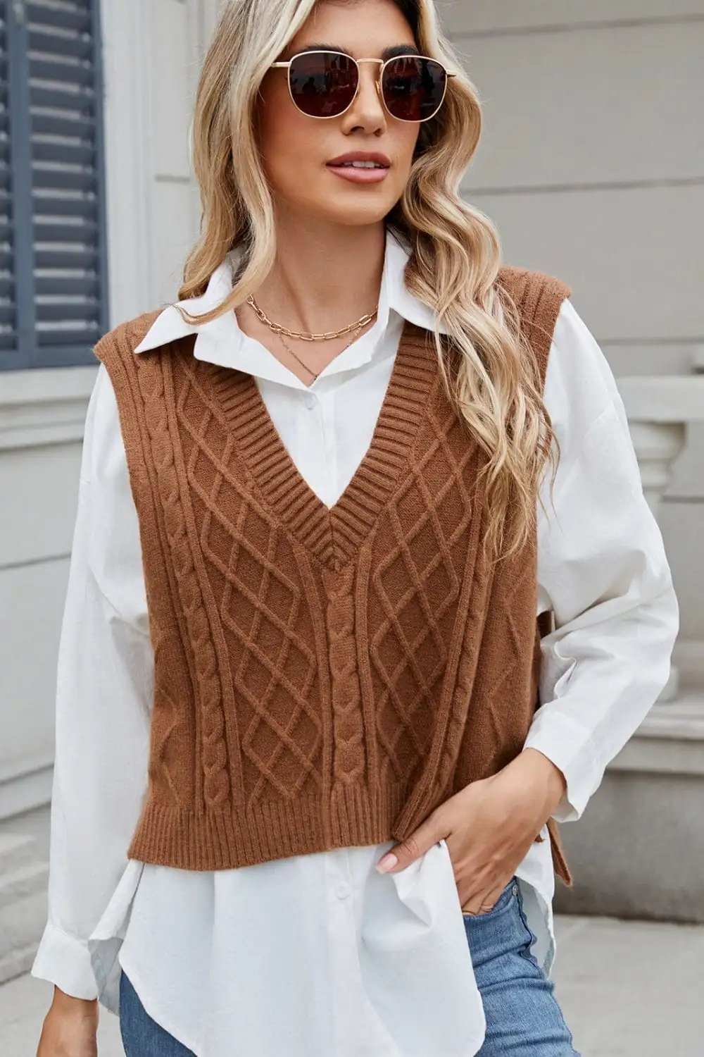Cable-Knit V-Neck Sweater Vest - Trendsi - Flyclothing LLC