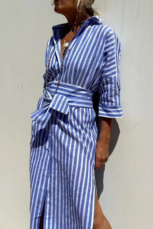 Tied Button Up Three-Quarter Sleeve Dress - Trendsi - Flyclothing LLC