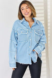 PEACE Raw Hem Dropped Shoulder Denim Top - Trendsi - Flyclothing LLC