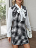 Houndstooth Print Tie Neck Long Sleeve Mini Dress - Trendsi - Flyclothing LLC