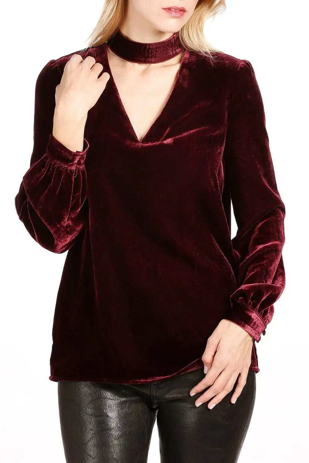 Cutout Long Sleeve Velvet Blouse - Trendsi - Flyclothing LLC