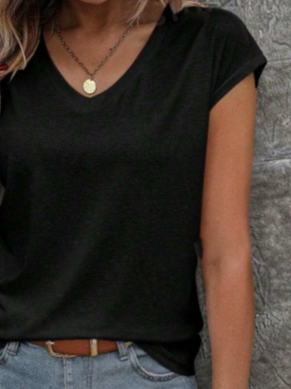 V-Neck Short Sleeve T-Shirt - Trendsi - Flyclothing LLC