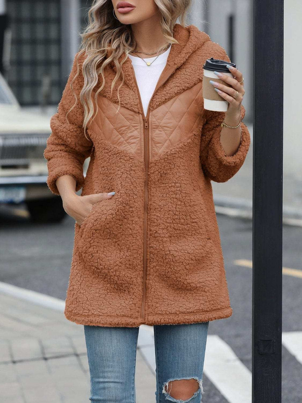 Fuzzy Zip Up Long Sleeve Hooded Jacket - Trendsi - Flyclothing LLC