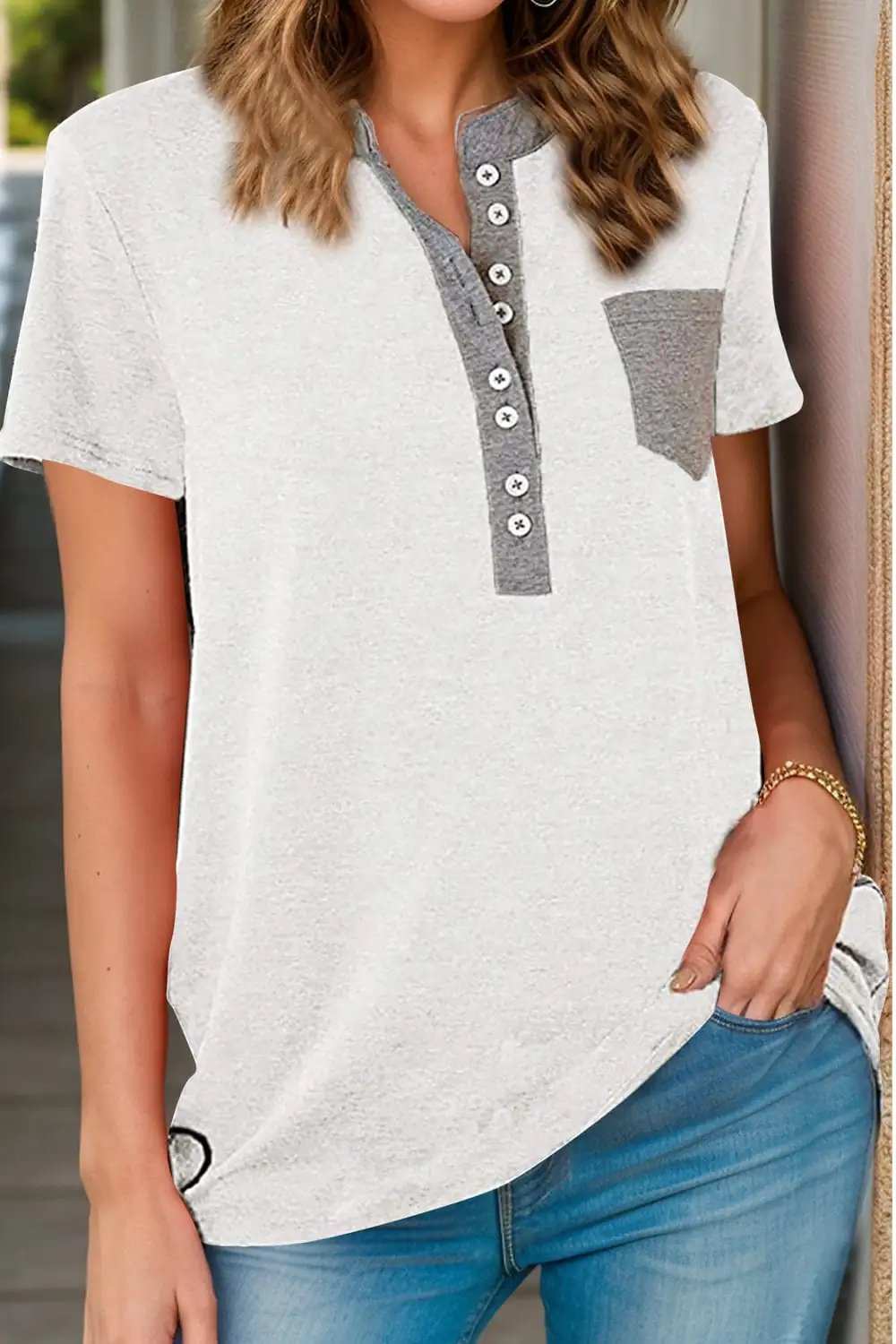 Full Size Half Button Short Sleeve T-Shirt - Trendsi - Flyclothing LLC