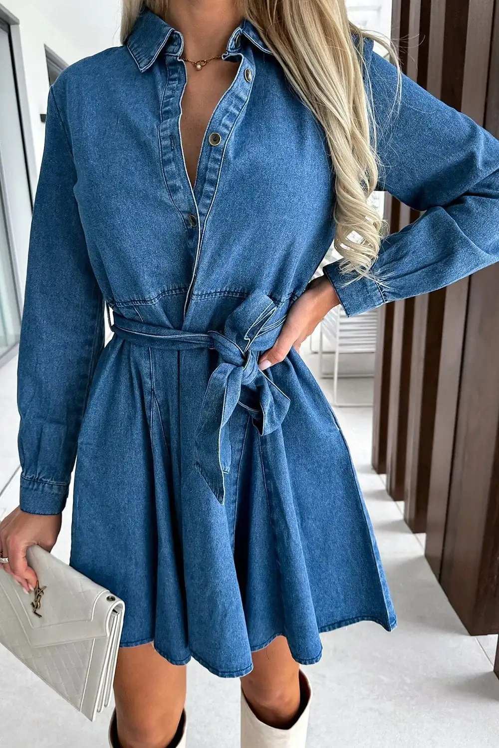 Tied Half Button Long Sleeve Denim Dress - Trendsi - Flyclothing LLC