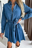 Tied Half Button Long Sleeve Denim Dress - Trendsi - Flyclothing LLC