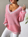 Contrast Trim V-Neck Long Sleeve Sweater - Trendsi - Flyclothing LLC