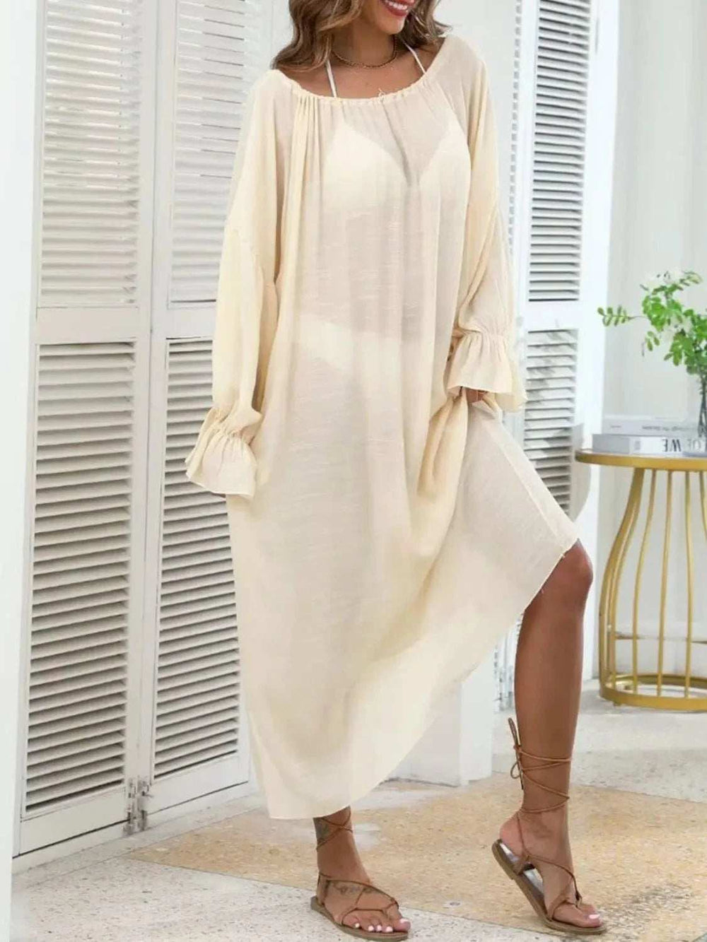 Backless Drawstring Back Flounce Sleeve Cover-Up - Trendsi - Flyclothing LLC