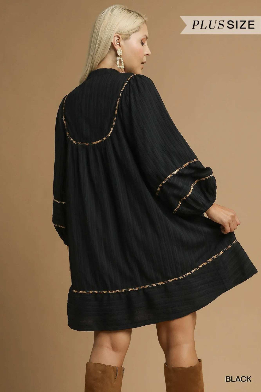 Umgee Full Size Textured Babydoll Dress with Leopard Trim Plus Size - Trendsi - Flyclothing LLC