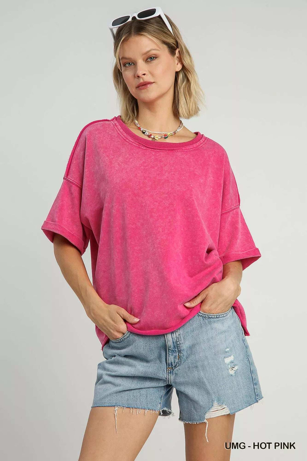 Umgee Mineral Wash Round Neck Top - Trendsi - Flyclothing LLC