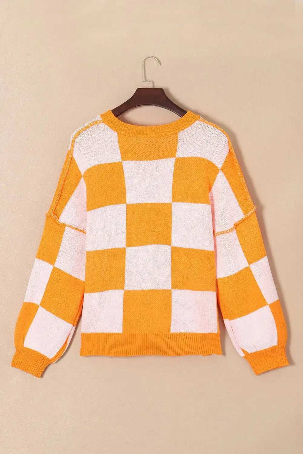 Pumpkin Checkered Round Neck Long Sleeve Sweater - Trendsi - Flyclothing LLC