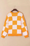 Pumpkin Checkered Round Neck Long Sleeve Sweater - Trendsi - Flyclothing LLC
