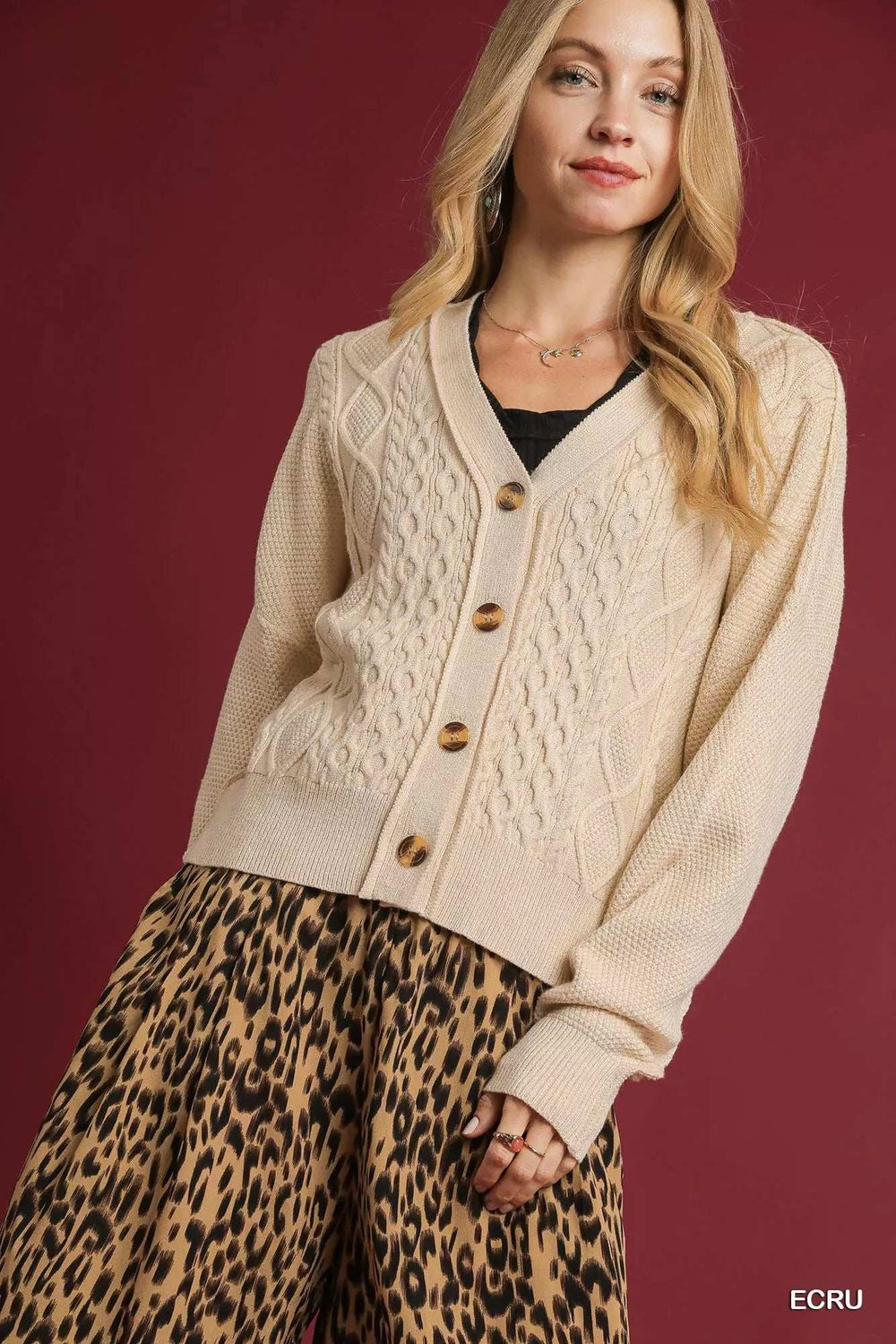 Umgee Chunky Cable Knit V-Neck Button-Up Cardigan - Trendsi - Flyclothing LLC