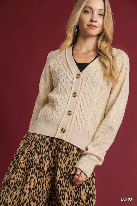 Umgee Chunky Cable Knit V-Neck Button-Up Cardigan - Trendsi - Flyclothing LLC