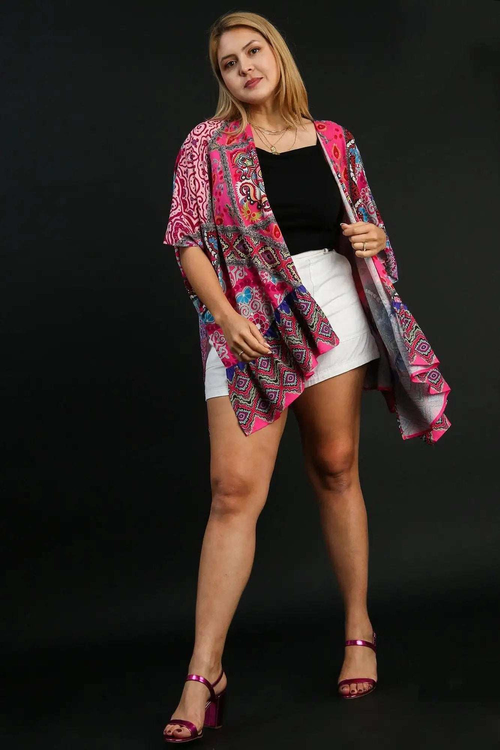Umgee Full Size Mixed Print Ruffle Hem Open Front Cover Up Plus Size - Trendsi - Flyclothing LLC