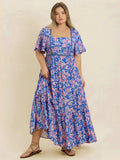 Plus Size Ruched Printed Short Sleeve Dress - Trendsi - Flyclothing LLC