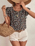 Ditsy Floral Round Neck Cap Sleeve Top - Trendsi - Flyclothing LLC