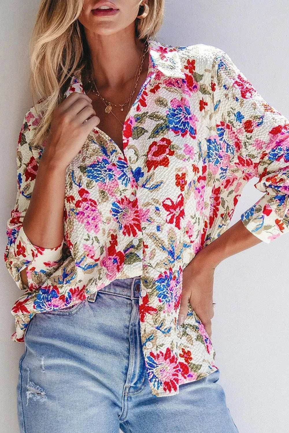 Floral Collared Neck Long Sleeve Shirt - Trendsi - Flyclothing LLC