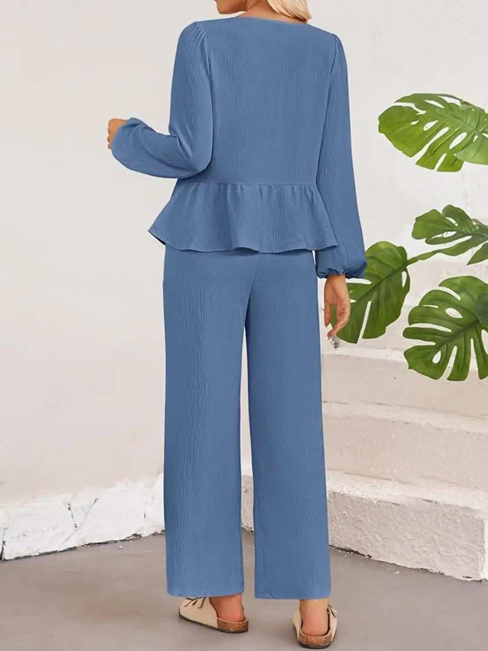 Tie Neck Balloon Sleeve Top and Pants Set - Trendsi - Flyclothing LLC