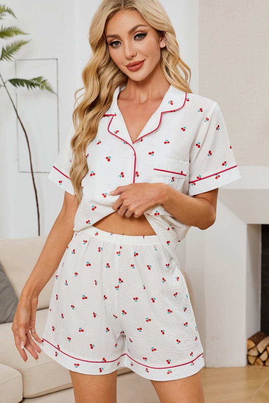 Cheery Print Collared Neck Top and Shorts Lounge Set - Trendsi - Flyclothing LLC