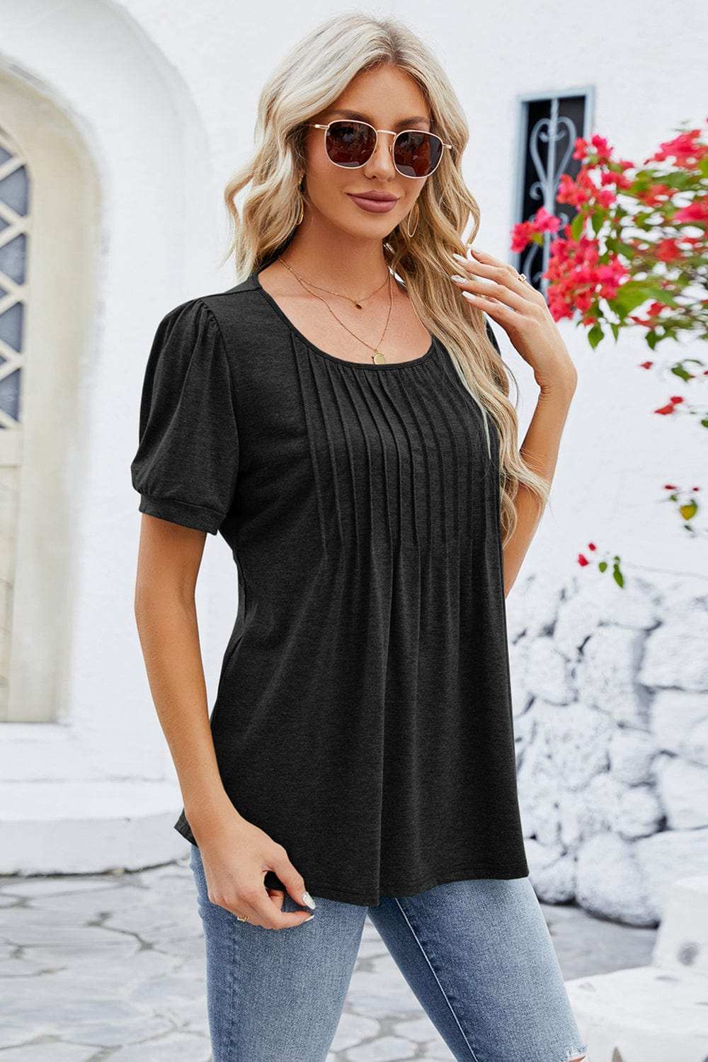 Ruched Scoop Neck Short Sleeve Blouse - Trendsi - Flyclothing LLC