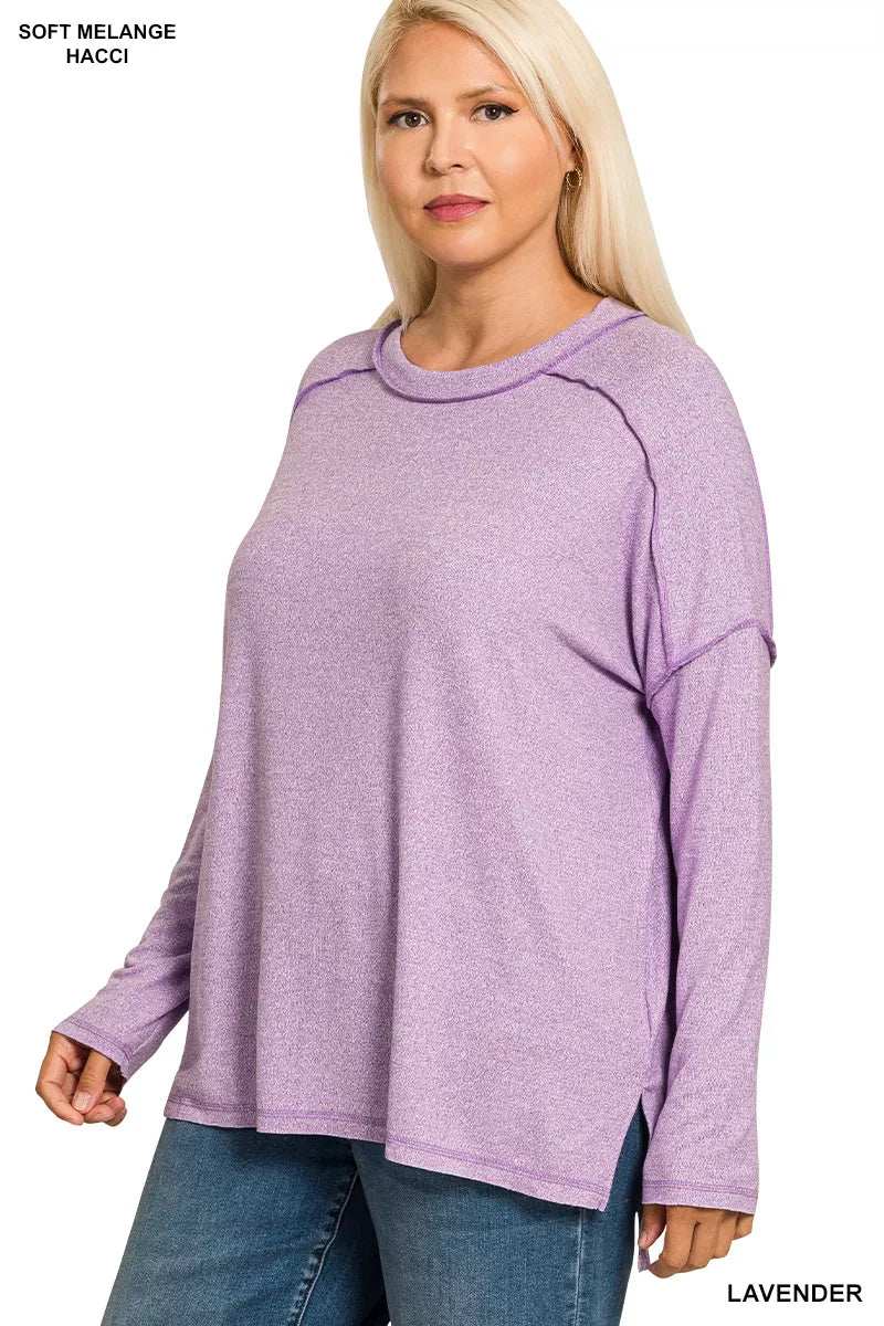 Zenana Full Size Melange Hacci Exposed Seam Hi-low Tee Plus Size - Trendsi - Flyclothing LLC
