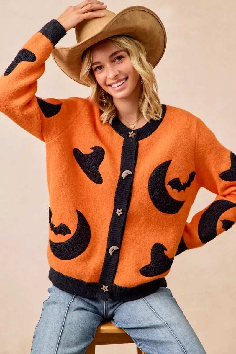 BiBi Halloween Witch Hat Moon Bat Artwork Cardigan - Trendsi - Flyclothing LLC