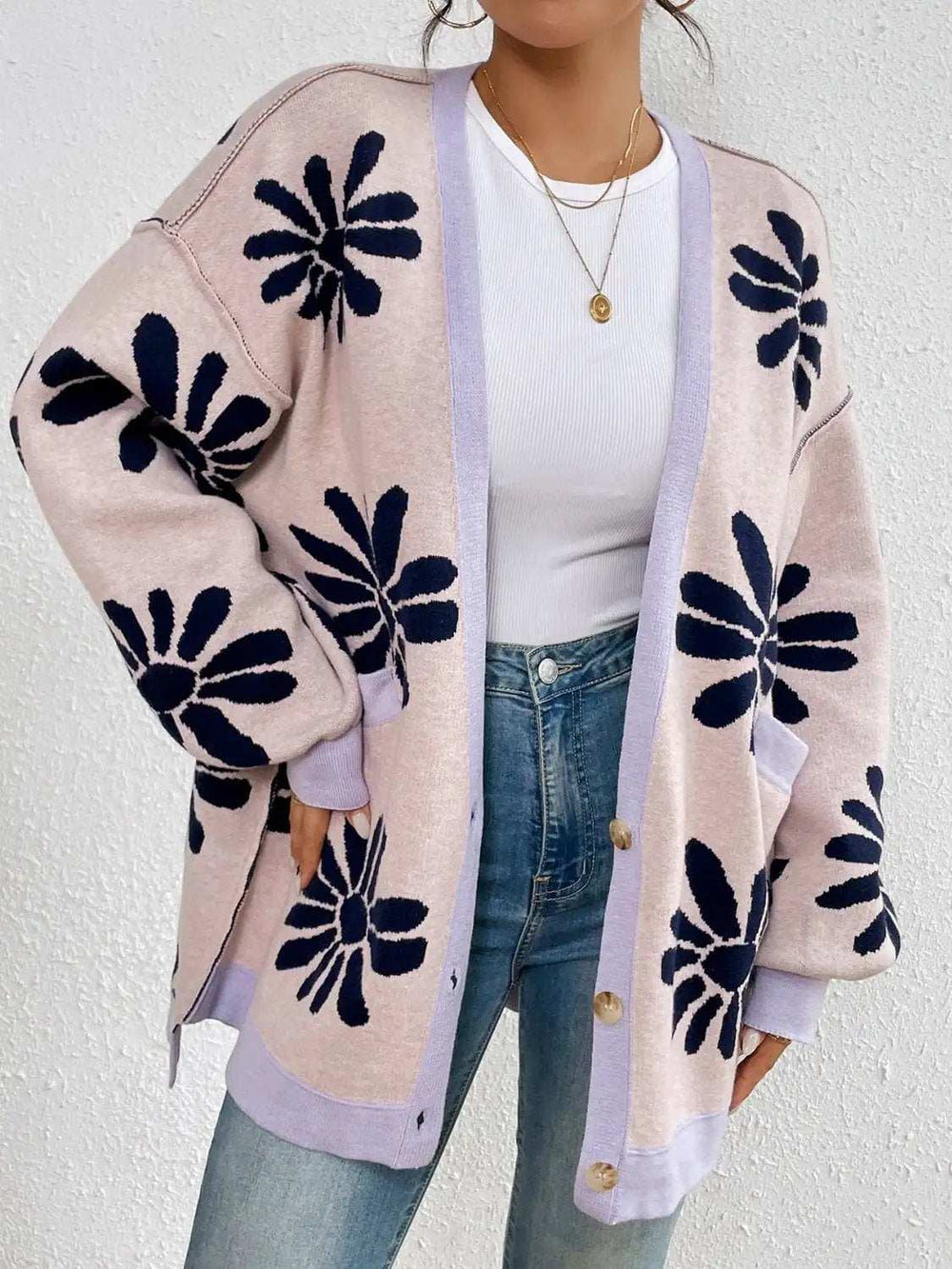 Contrast Dropped Shoulder Long Sleeve Cardigan - Trendsi - Flyclothing LLC