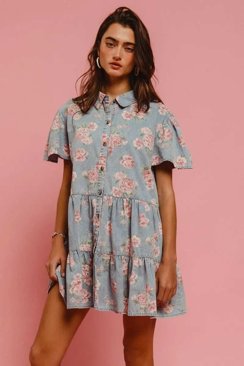 BiBi Floral Print Washed Lightweight Tiered Shirt Dress - Trendsi - Flyclothing LLC