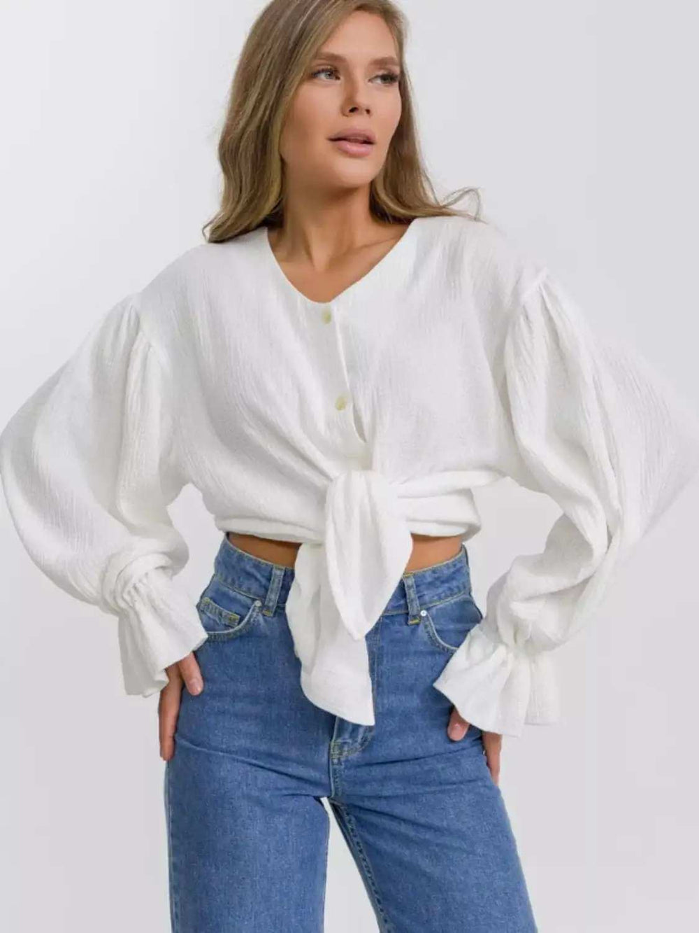 Button Up Flounce Sleeve Shirt - Trendsi - Flyclothing LLC