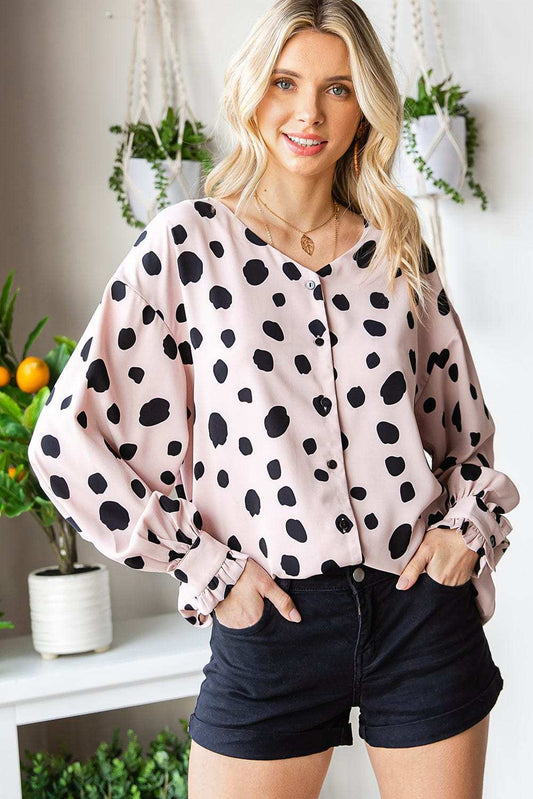 Printed Button Up Flounce Sleeve Shirt - Trendsi - Flyclothing LLC