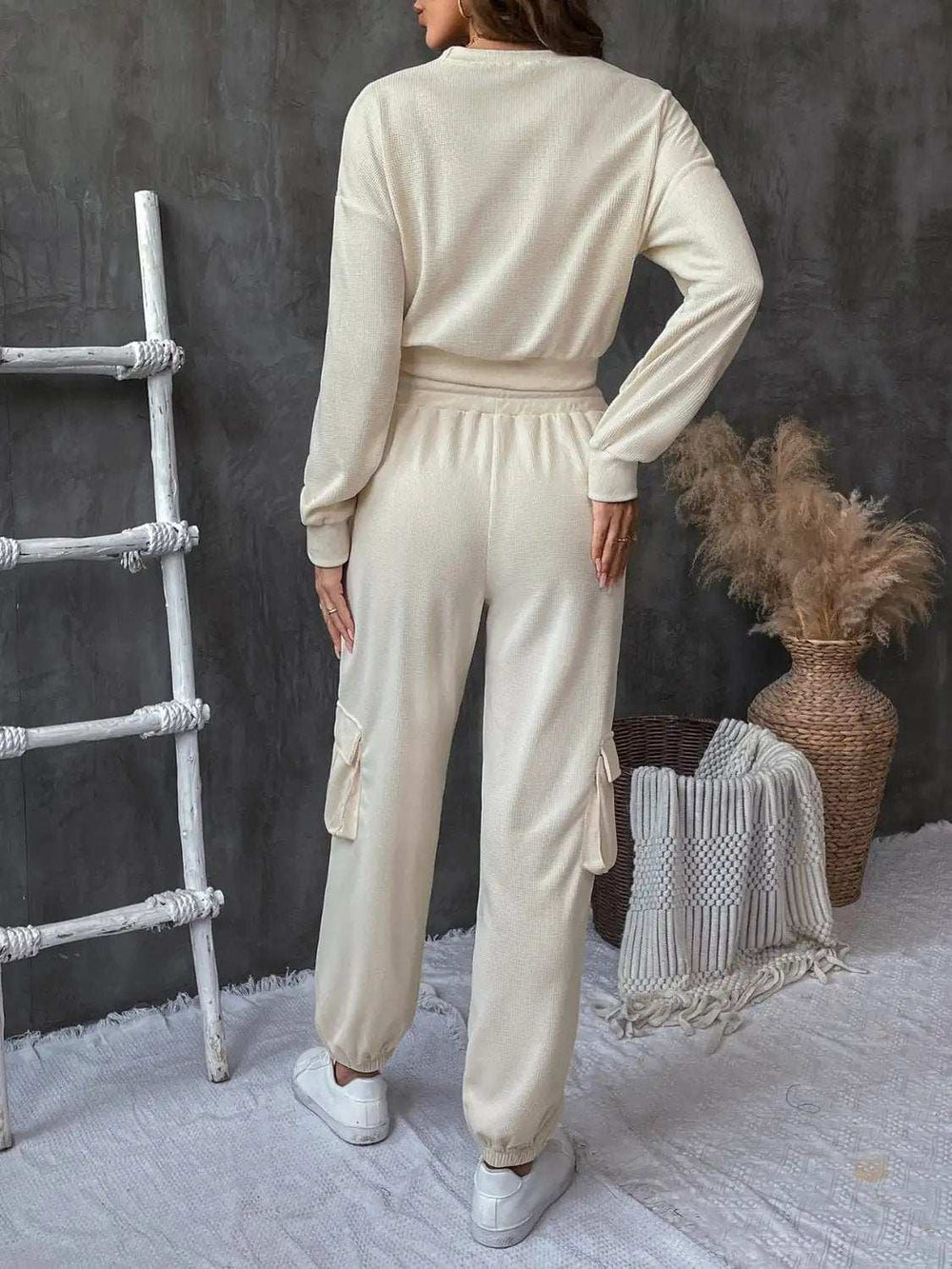 Round Neck Long Sleeve Top and Pants Set - Trendsi - Flyclothing LLC