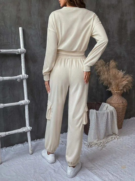 Round Neck Long Sleeve Top and Pants Set - Trendsi - Flyclothing LLC