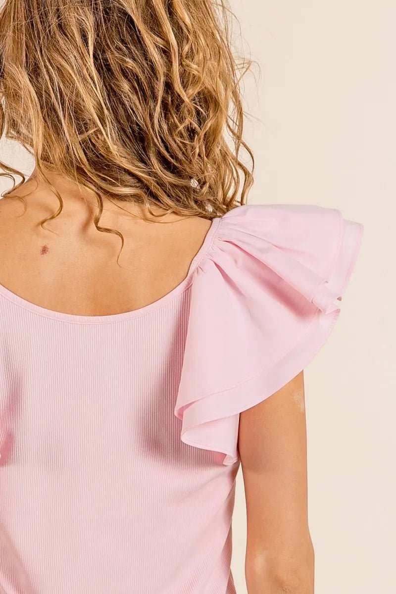 BiBi Wide Layered Ruffle Sleeve Scoop Neck Ribbed Top - Trendsi - Flyclothing LLC